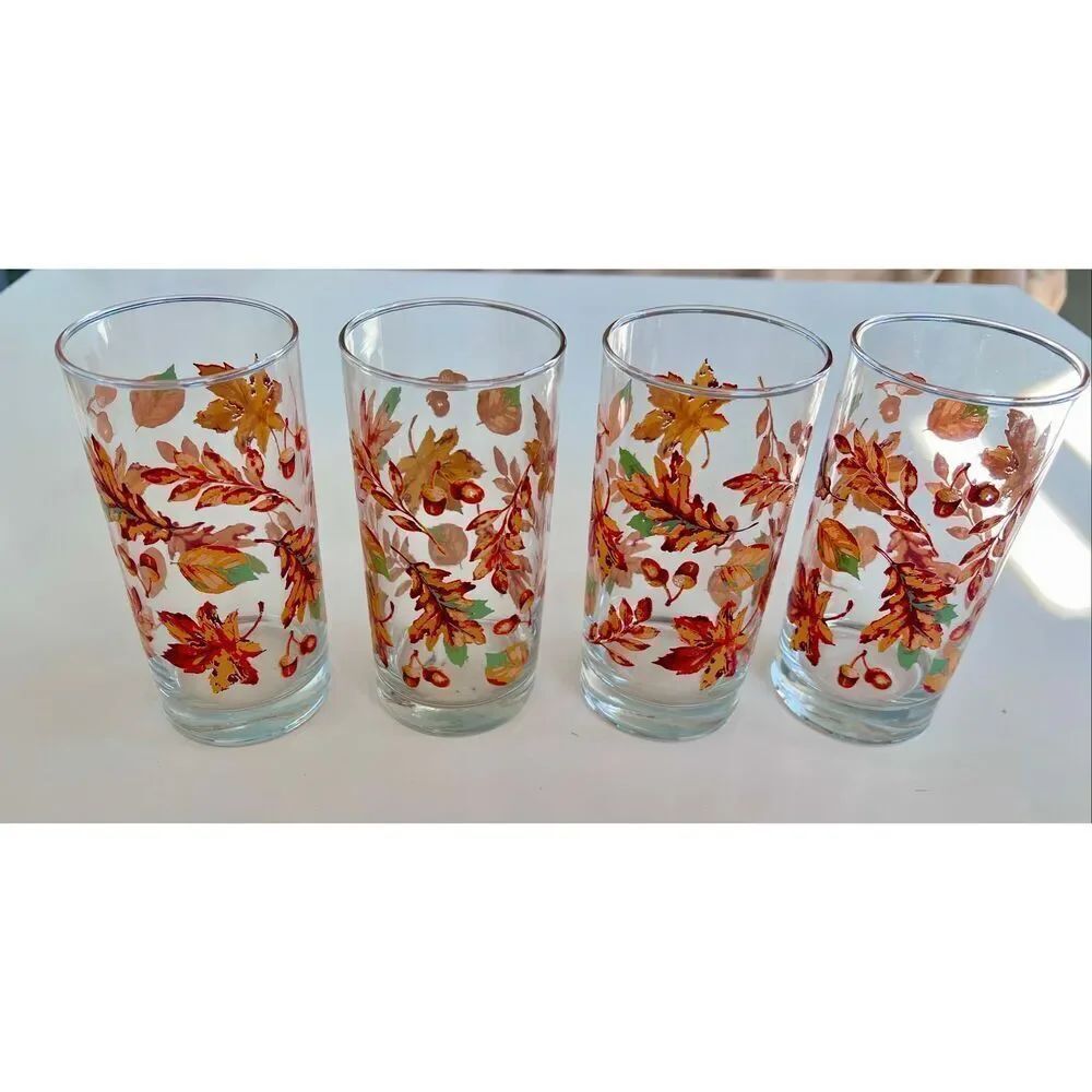 Set of 4 Vintage Libbey Crisa Autumn Leaves Drinking Glasses